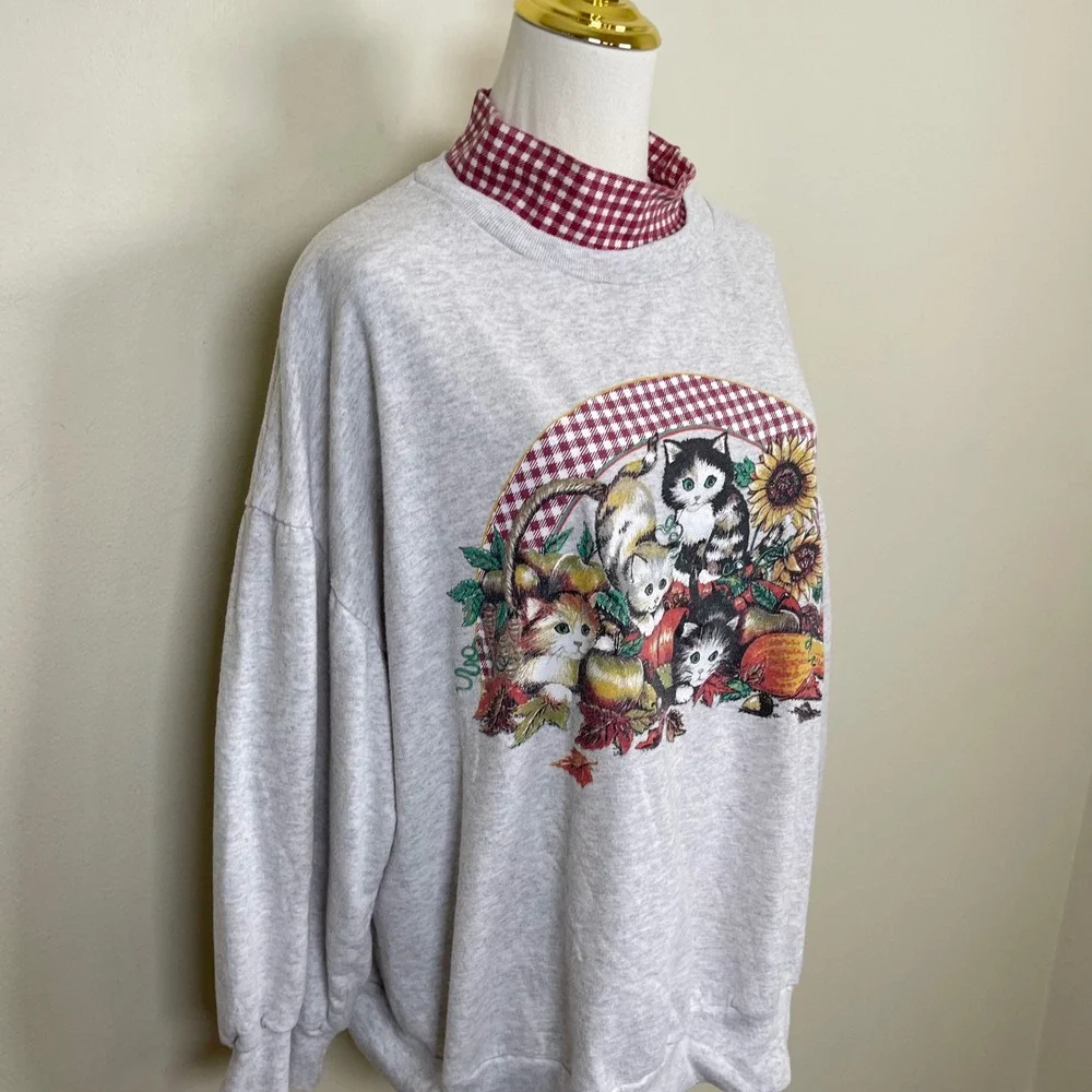 Vintage Basic Editions Cat Graphic Sweatshirt Womens 1X Grey Mock Neck Fall 90s - Picture 4 of 8